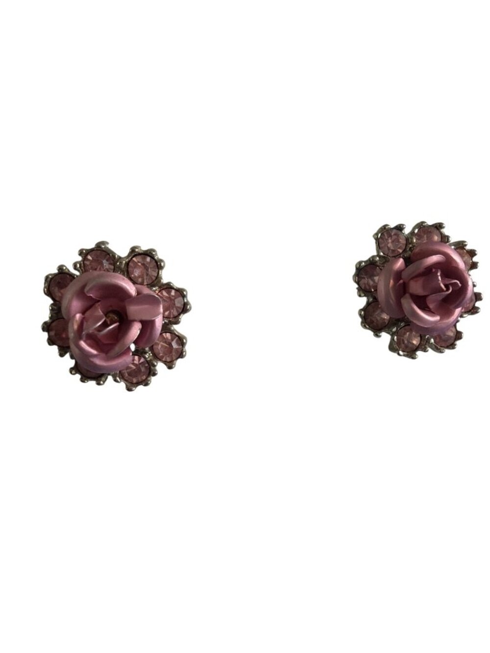 Vintage Avon Pink Rose Earrings Rhinestones Silver Tone Flower Y2K Estate .75"